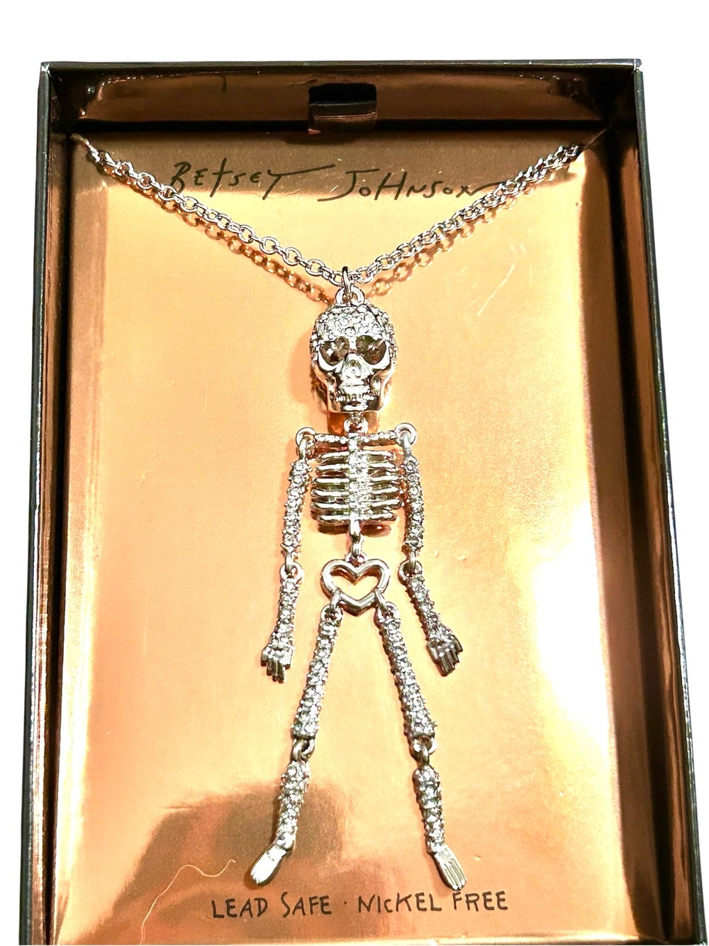 Betsey Johnson Silver Crystal Skeleton Pendant Necklace with Heart